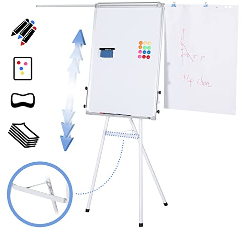 Jago® Flipchart - Höhenverstellbar, 90x60cm, mit Ständer, Stiftablage, 3 Marker, Papier, Zubehör, Tragbar, Modellwahl - Magnetisches Whiteboard, Präsentationstafel, Moderationstafel (Modell 5)