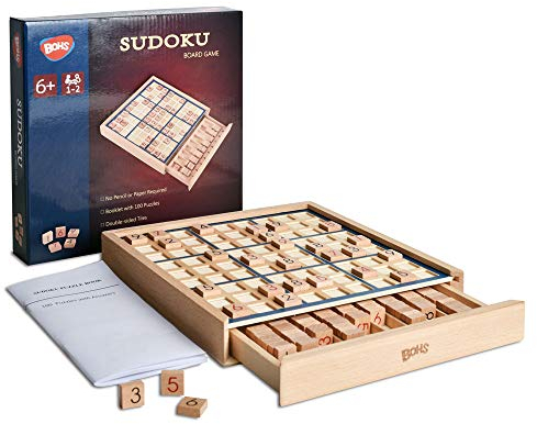 BOHS Sudoku-Brettspiel aus Holz mit Schublade – mit Buch mit 100 Sudoku-Rätseln für Erwachsene – Denksport-Tischspielzeug