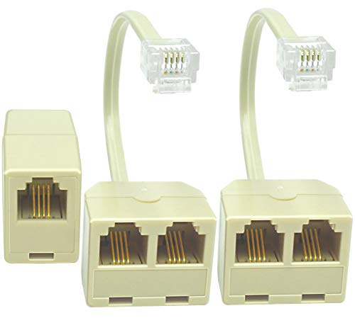 NECABLES 2+1Pack 2pcs Phone Line Splitter 1 to 2 RJ11 6P4C 1 Male to 2 Females with 5in Pigtail and 1pc Phone Line Coupler for Landline and Fax Ivory