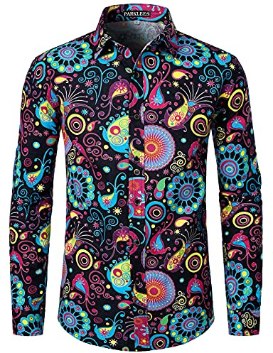 PARKLEES Camicia in raso a maniche lunghe con bottoni da uomo Hipster in seta stampata aderente, multicolore, XXL