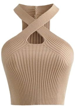KOEMCY Crop Top Mujer, Camisola Camiseta sin Mangas Mujer Verano Sexy Calado Entrecruzado Tank Tops Elegante Corto Informal de Color Sólido Chaleco (Caqui)
