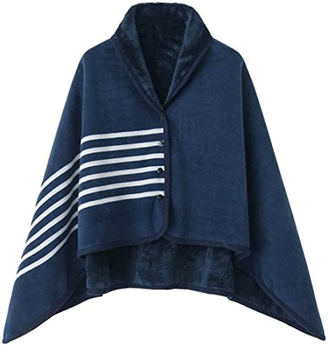 WINKEEY Femme Poncho Polaire Plaid Châle Polaire Cape Chaud d'hiver avec Boutons Couverture à Carreaux, Bleu Rayure