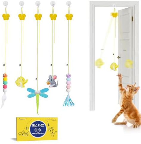 Potaroma Interactive Cat Feather Toys 5 Pcs, Cat Teaser Retractable Hanging Indoor Kitten Play Chase Exercise, Mental Physical Stimulation for All Breeds and Species