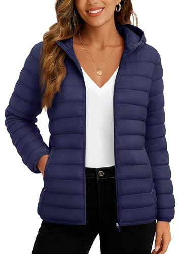TACVASEN Women's Jacket Ultra-light Puffer Jacket with Pockets Padded Jacket Water-resistant Hooded Winter Coat,Navy Blue L