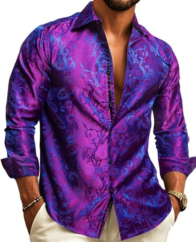 Barry.Wang Camicie da uomo con motivo cachemire, in raso, a maniche lunghe, con bottoni, alla moda, per il tempo libero, matrimoni, feste di fine anno, Paisley Viola Blu, XXL