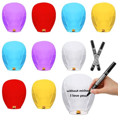 10 faroles de papel coloridos para liberar en el cielo con 2 marcadores, 5 colores, linternas colgantes conmemorativas para eventos al aire libre, decoración de fiestas (5 colores)