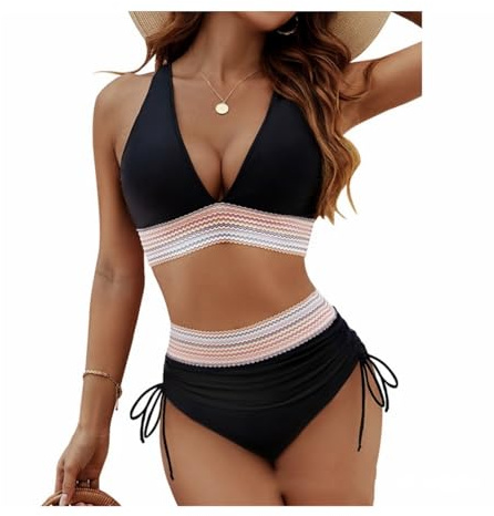 Lxing Ensemble Bikini Deux Pièces, Haut Triangle à Bretelles Croisées avec Bordure Zigzag, Dentelle Noire,M
