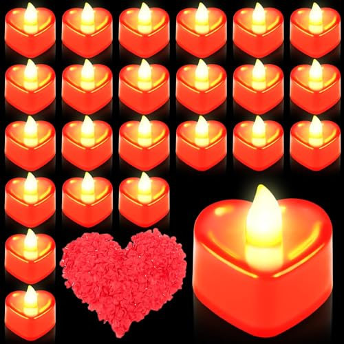 GOMETY 24 lumini a LED a forma di cuore, 1000 pezzi, petali di rosa artificiali e 24 candele a forma di cuore, senza fiamma, per matrimoni, San Valentino, proposte di matrimonio