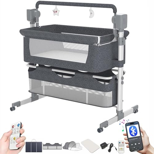 Magic ZC Electric Bluetooth Smart Next to Me Crib, Convertible Baby Bedside Crib, Foldable Co-Sleeping Bassinet, Remote and 5 Swaying Gears, Infant Bedside Sleeper Cradle with Music (601 Grey)