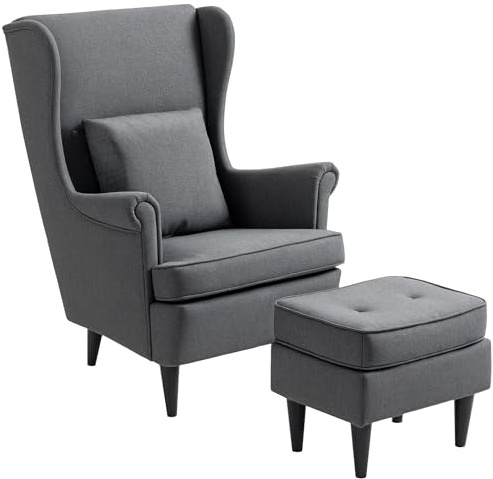 HOMCOM Fauteuil avec repose-pieds Fauteuil de lecture avec dossier haut Capitoné, pieds en bois, oreiller rembourré et tapissé en lin pour salon, chambre à coucher, bureau Gris foncé