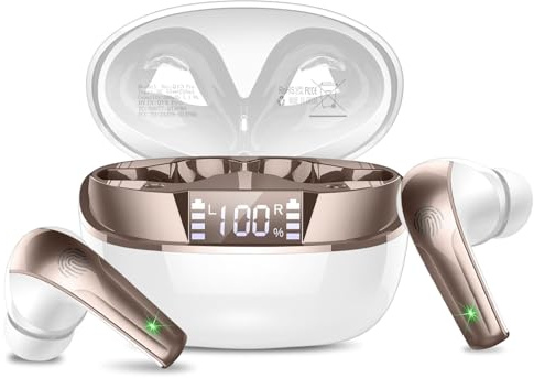 Cuffie Bluetooth, Auricolari Bluetooth 5.4, HiFi Stereo In Ear Cuffie Wireless con 4 ENC Mic, 40 Ore Cuffie Senza Fili, LED Display Cuffiette USB-C, IP7 Auricolare Bluetooth per Android/iOS,Oro Bianco