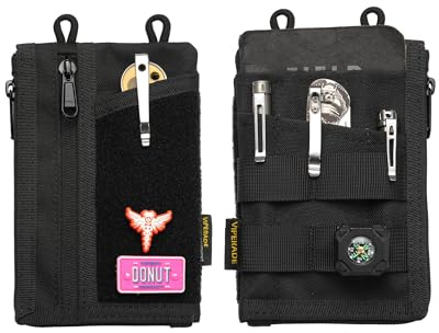 VIPERADE VE36 EDC Pouch Pocket Organizer, Slim EDC Pocket Organizer with Zipper, Tactical Pouch for Flashlight, Multitool, Pen, Notebook, Compact EDC Gear Pouch (Black-(Side to Down), 6.3×4.3)