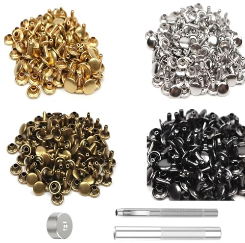 400PCS Leder Nieten - 4 Farben Doppelkopf-Nieten Stahlrohr Metall-Nieten Hohlnieten mit Bohrwerkzeuge Nieten für DIY Handwerk Leder Tasche Schuhe Gürtel Reparaturen Kleidung Dekoration 6 × 6 mm