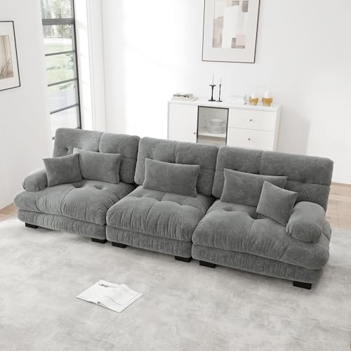 A ALFRESCOOL Sofa mit Schlaffunktion, Sofa 3 Sitzer, Boneless Couch， 3-Sitzer Modulares Ecksofa mit Tiefensitz, Chenille Schlafsofa Komfortabel Gepolstert für Wohnzimmer, Schlafzimmer Grau