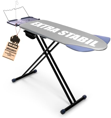 BigDean Bügelbrett XXL (120x45 cm Bügelfläche) inkl. ausklappbarer Schulterpassform - Stabiler Bügeltisch für Dampfbügelstationen und Bügeleisen - Ironing Board - höhenverstellbar