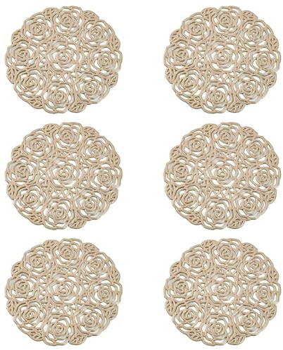 6 PCS Rose Gold Coasters Set - Hollowed-Out Metallic Round Drink Mats, Non-Slip & Heat Resistant for Home and Kitchen Use (10cm, Style L)