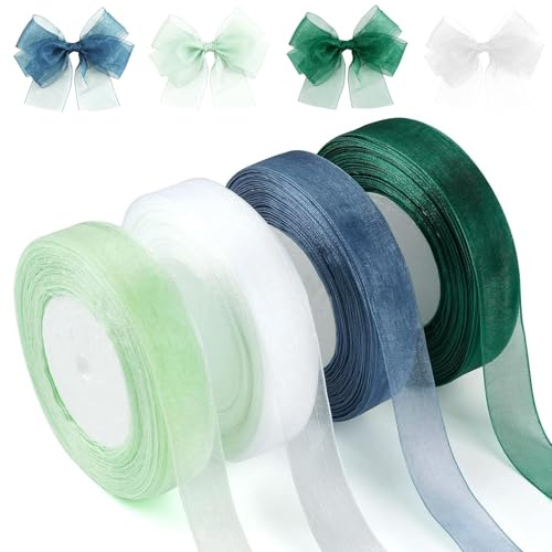 4 Rotoli Nastro Organza, 45m ciascuno | Nastro Regalo Trasparente 4 Colori | Ideale Decorazione Matrimoni, Feste & Lavoretti | Larghezza 2cm