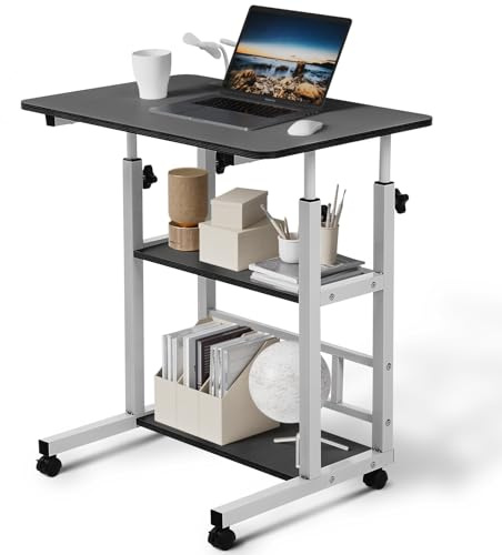 Warmiehomy Movable Computer Desk with USB Ports, Height Adjustable Desk with 2 Shelves, Mobile Laptop Table with A Small Fan&Light, Overbed Table for Living Room, Bedroom, 60x37x60-90cm, Black