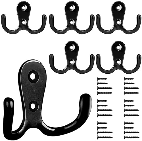 Bolatus 6 Stück Kleiderhaken, Haken Garderobe Doppelt Wandhaken Retro Haken Wand Metall Schwarz Kleiderhaken Vintage mit 24 Schrauben für Garderobenhaken Badezimmer Küche