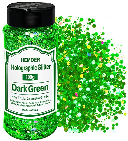 HEMOER Holographic Chunky glitter, mörkgrön 100 g chunky paljetter, glitter, hantverksglitter för harts, ansikte, spik, kropp, hantverk, smal festival party konst, glitterpulver för naglar glitter