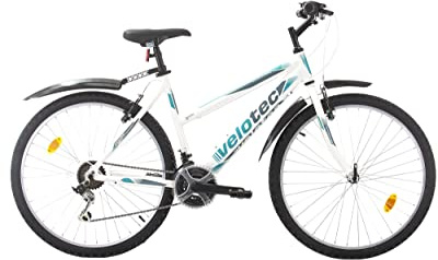 Multibrand Velotec 6th Sense Vélo VTT 26 Pouces en Aluminium, 18 Vitesses, Frein V-Brake, vélo pour Filles et Femmes, Convient pour 150–175 cm (Blanc avec Bleu et Gris)