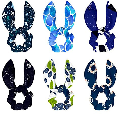 6Pcs Nautical Travel Lifebuoy Blue Hair Scrunchies Rabbit Bunny Ear - Bow Bow Knot Scrunchies Velvet Scrunchy Bobbles Elastic Hair Ties Band