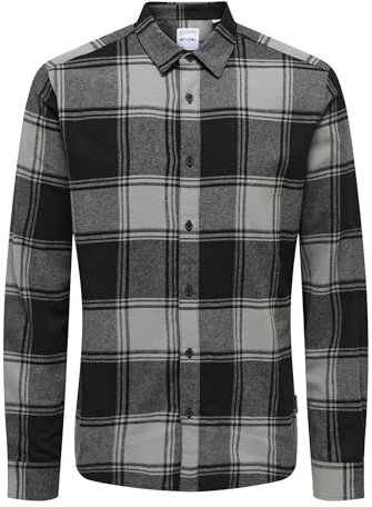Kariertes Holzfäller Hemd Basic Langarm Flanellhemd Freizeit Karo Slim Fit Shirt Baumwolle ONSGUDMUND, Farben:Schwarz-Dunkelgrau, Größe Hemd:L