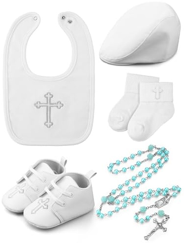 5 Pcs Baptism Gifts for Baby Boys Include White Embroidered Cross Bib Christening Socks Shoes Baptism Hat and Rosary christening outfits for Boys Toddler Infant First Communion Gift