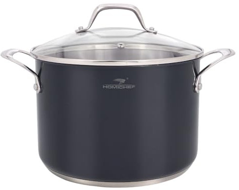 HOMI CHEF Pentola per brodo in acciaio inossidabile senza nichel, grigio navy, 6,6 L, con coperchio in vetro (rivestimento antiaderente, 24 cm) - Set di pentole in acciaio inossidabile