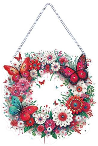 CXINLky DIY Diamond Painting Couronne de porte Pendentif avec chaîne, Peinture diamant Images de fenêtre, Papillon 5D Diamond Painting Kits pour fenêtre mur entrée jardin Decor-01 Fleur