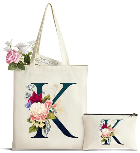 Cadeau Femme Sac Fourre-Tout avec Initiale Fleur, Personnalisés Sac en Toile en Coton Trousse de Maquillage, Cadeaux de Mariée, Cadeau Parfait pour Amie, Mères pour Anniversaire Mariage Voyage Noël K