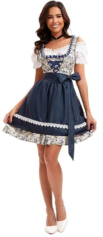Velcoxplay - Vestido Dirndl de mujer, vestido de longitud midi, vestido típico bávaro con encaje, blusa y delantal de 3 piezas para el Oktoberfest, carnaval, azul, L