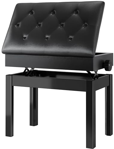 Klavierhocker Höhenverstellbar 48-58CM, Pianobank mit Stauraum, Klavierbank mit PU Lederkissen, Beine aus Massivholz, Klavierstuhl Piano Bench bis 150KG Belastbar, mit 4 PCS Beinen, Schwarz