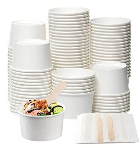 LoNinLoAn 60Pcs Paper Ice Cream Cups, 3Oz Disposable White Paper Dessert Cups with Wooden Spoons, Ice Cream Containers, Party Supplies Treat Cups for Sundae Frozen Yogurt Pudding Jelly