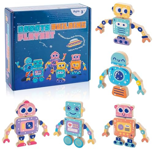 Funmo Juguetes De Madera,Juguetes Montessori,Motricidad Fina Construcciones para NiñOs con Botones,Juguetes De Bloques De ConstruccióN De Robots（Adecuado A Partir De 12 Meses）