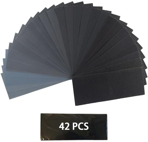 42pcs Sandpaper, 120 to 3000 Grits,Wet and Dry Sandpaper 9x3.6 Inch, Sand Paper Pack for Wood Furniture,Polishing Metals Walls,CarsWet, Mixed Grits Assorted Sanding Papers Paint Sand Paper for Oil