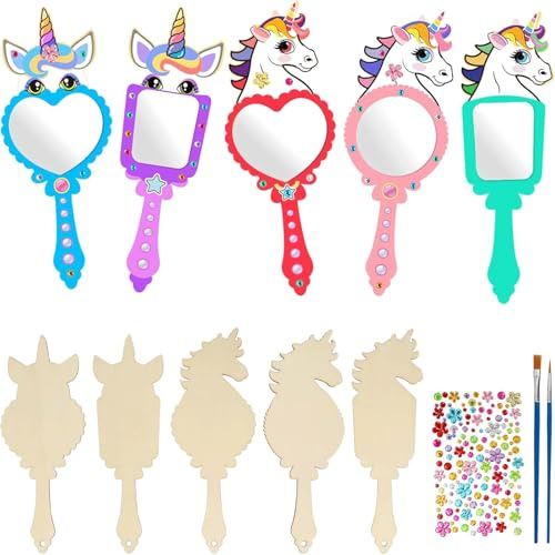 Barlone Lot de 5 miroirs en bois à peindre pour enfants avec couronnes et licornes – Miroir créatif DIY pour anniversaire d'enfant, décoration de fête licorne et petit cadeau pour filles