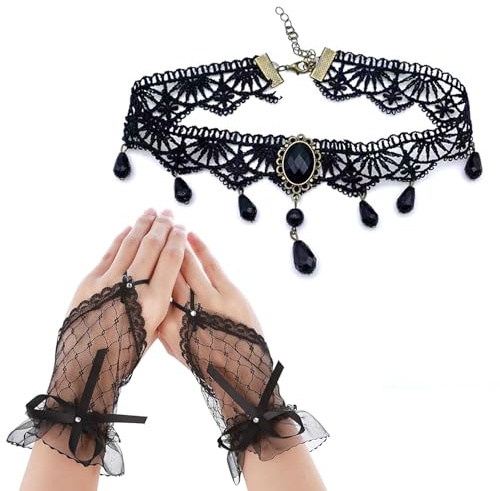UZYXC Ensemble 2 Pièces Style Gothic, Mitaines Dentelle Noire avec Collier Résille, Accessoires de Masquerade pour Soirée Halloween, Accessoires de Fête Vampire Élégant