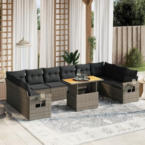 Qnhdfrt Set di divani da giardino, grigio, 11 pezzi, in polietilene, con cuscino e tavolo pieghevole, per terrazza, balcone, giardino