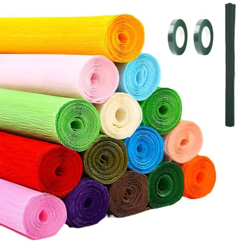 47 delar färgat set med kräpppapper, 250 x 25 cm extra tjockt blomkräppapper, med 2 rullar grön tejp och 30 blomstjälkar för blommor DIY, födelsedagsdekoration, festdekoration