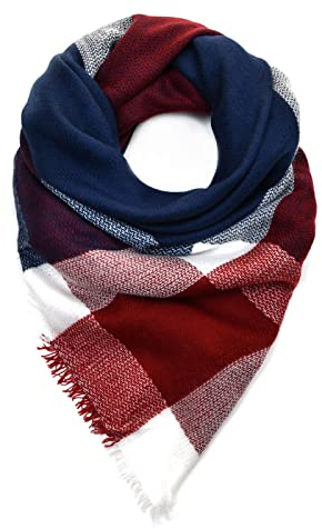 Autiga großer Damen Strickschal kariert Karo XXL Wollschal Oversized Winterschal Deckenschal quadratisch navy-rot unisize