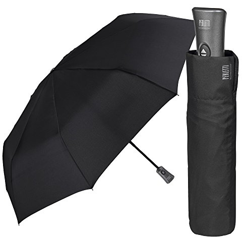 Ombrello Uomo Nero Leggero e Pieghevole - Mini Ombrello Portatile Tinta Unita Resistente Antivento con trattamento TEFLON - Automatico Apri e Chiudi - Diametro 98 cm - Perletti Technology