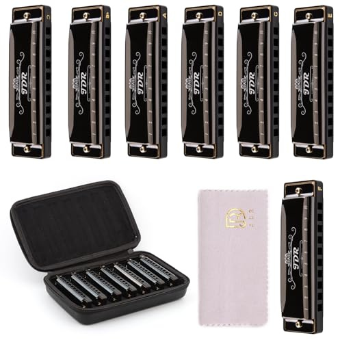 JDR Harmonica Set of 7 Key of C D E F G A Bb 10 Holes 20 Tones Blues Harp Diatonic Mouth Organ armonica with EVA Protective Case for Adults Kids Beginner Professional Intermediate Student Gift Black