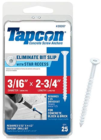 Tapcon 28267 3/16x2-3/4 White Star Drive Bugle Head Concrete Anchors 25/Box