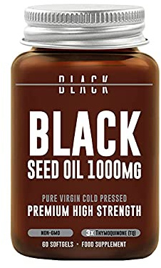 Black Seed Oil Capsules, 1000mg Double Strength - 60 Soft Gels, 3X% Thymoquinone, Non-GMO, Premium Cold Pressed Virgin Oil, Nigella Sativa, Halal & Kosher, Made in The UK for Black