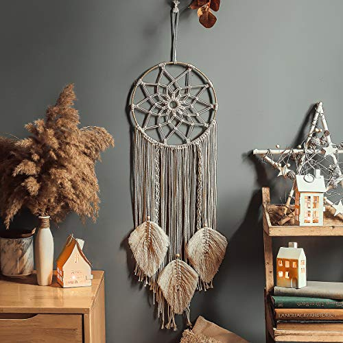 Boho Traumfänger,Makramee Traumfänger Dreamcatcher Handgefertigt Wandbehang Bohemian Dekoration für Schlafzimmer Wohnzimmer Hochzeit Baby Shower Home Decor Mädchen Kinder Geschenk,3 Blätter Mandala