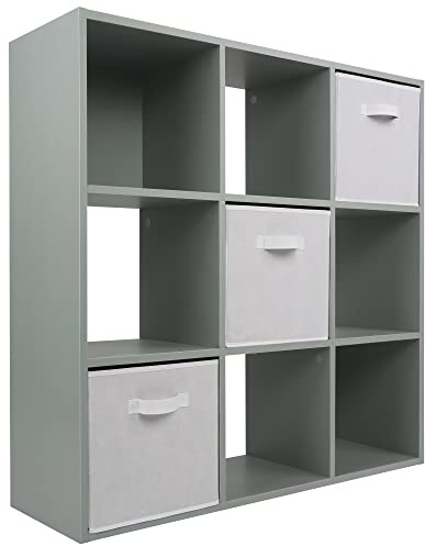 Charles Jacobs Grey 9 Cube Storage Shelving Unit + 3 White Fabric Drawers