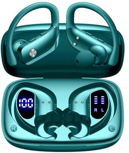 bmani Ear Buds Wireless Earbuds Bluetooth Headphones with 80H Playtime LED Display Case, Over-Ear Hook with Mic, Stereo Sound, Easy Button Controls, Sports Earphones for Running Workout Gym Green