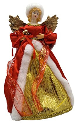 Nataluna Puntale per Albero di Natale a Forma di Angelo, Rosso e Oro, 31 Centimetri, con Cappello in Pelliccia. Pupazzo con Ali. Decorazione Natalizia