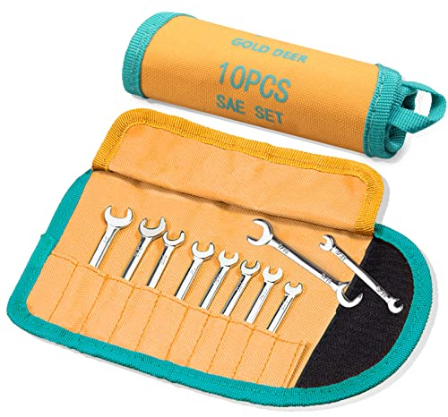 GOLD DEER 10 pieces mini double open-end spanner set, standard SAE 5/32 - 7/16 inch, extra narrow open-end spanner set with storage bag